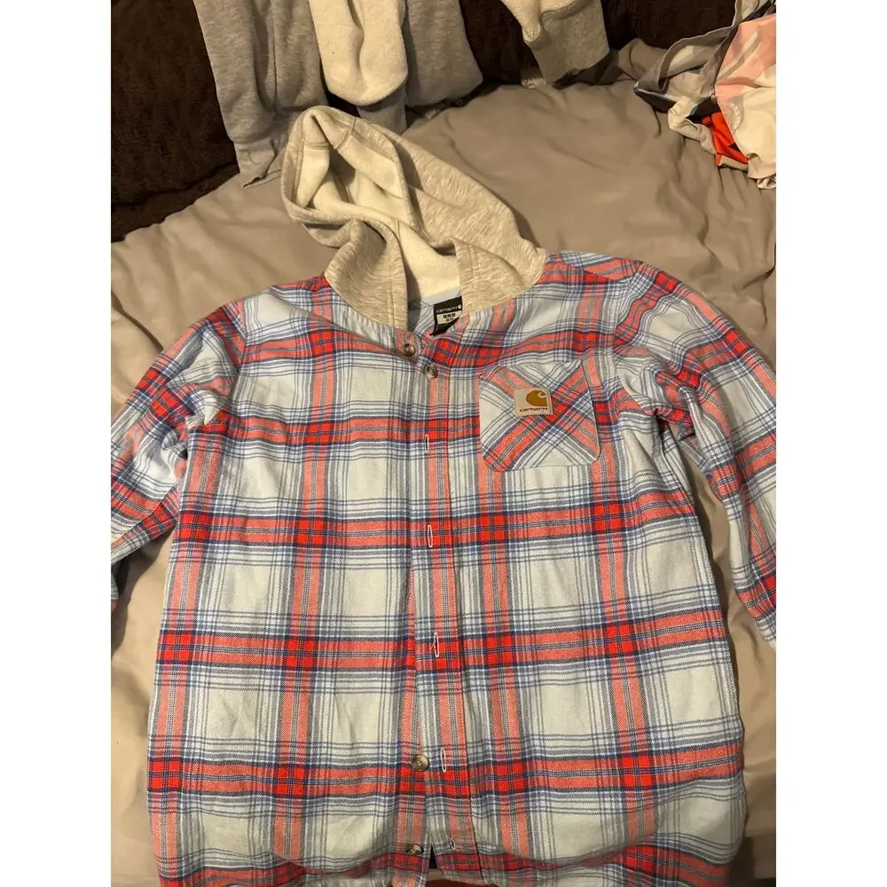 Carhartt Jacket Boys Med‎ Blue Red Plaid Flannel Hooded Shacket Button Up Kids